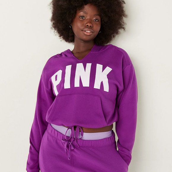 VICTORIA'S SECRET PINK FLEECE CROPPED CINCHED CAMPUS HOODIE=NWT - Picture 2 of 3